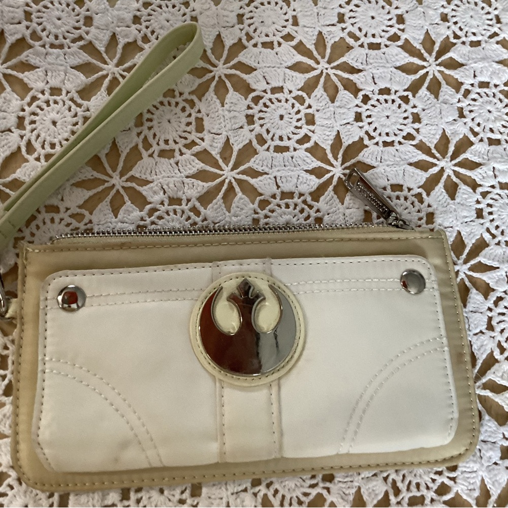 Loungefly Cream and White Wristlet Wallet with Silver Emblem